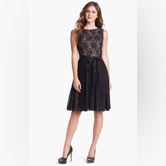 Adrianna Papell Black Lace Overlay Illusion Dress Size 10